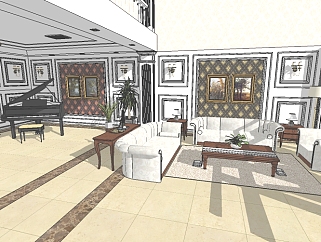 欧式复式客厅草图模型，客厅草图模型sketchup下载