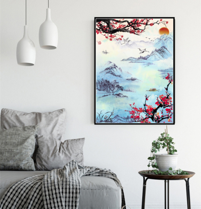 中国风山水意梅花境装饰画背景，现代简约客厅沙发墙背景挂画
