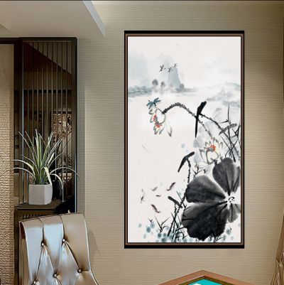 中国风莲花山水装饰画背景，新现代中式沙发客厅背景墙装饰画