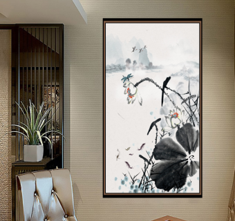 中国风莲花山水装饰画背景，新现代中式沙发客厅背景墙装饰画