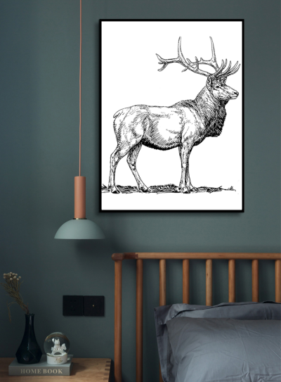 黑白速写麋鹿装饰画，现代简约客厅沙发卧室墙背景挂画
