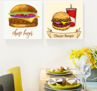 北欧客厅壁画现代简约饭厅厨房墙面挂画，水彩绘美味芝士汉堡包和可乐装饰画