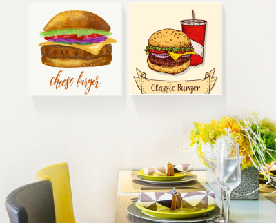 北欧客厅壁画现代简约饭厅厨房墙面挂画，水彩绘美味芝士汉堡包和可乐装饰画