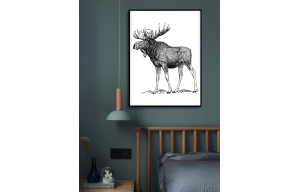 现代简约客厅沙发卧室墙背景挂画，黑白速写麋鹿装饰画