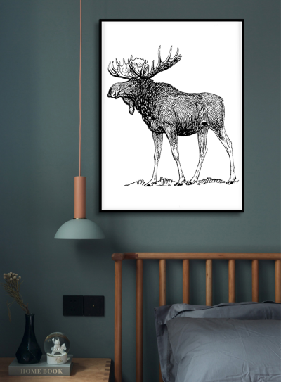 现代简约客厅沙发卧室墙背景挂画，黑白速写麋鹿装饰画