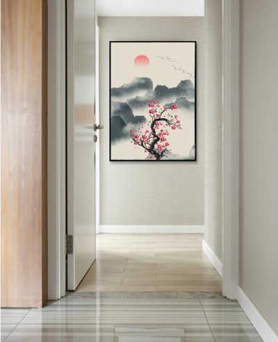 中国风水墨山水装饰背景，现代简约玄关过道黑白装饰画