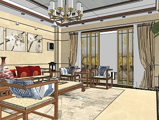 中式复古客餐厅草图模型，客餐厅草图模型sketchup模型...