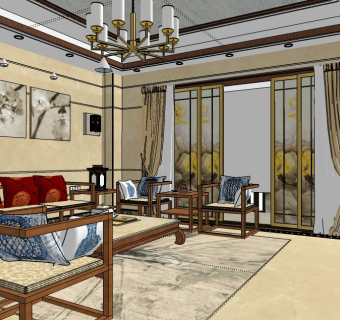中式复古客餐厅草图模型，客餐厅草图模型sketchup模型库