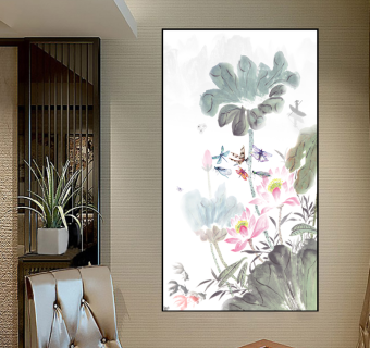 新现代中式沙发客厅背景墙装饰画，中国风莲花山水装饰画背景