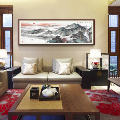 中式简约客厅沙发卧室墙背景挂画，山水日出东方装饰画素材图片