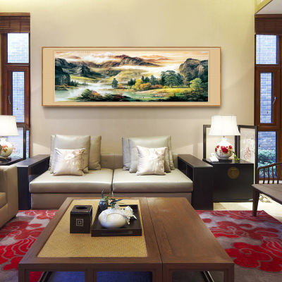 中式简约客厅沙发墙背景挂画，漂亮大气中国风山水装饰画素材图片