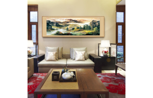 中式简约客厅沙发墙背景挂画，漂亮大气中国风山水装饰画素材图片