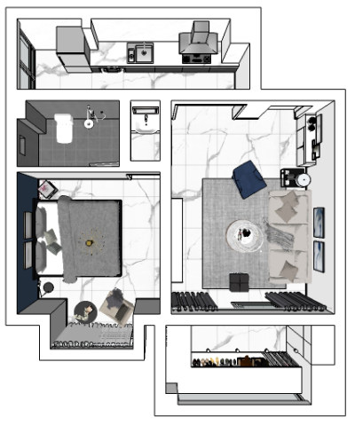 单身公寓整体草图模型，室内设计草图模型sketchup下载