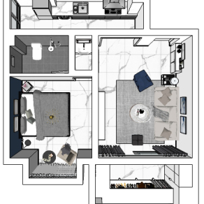 单身公寓整体草图模型，室内设计草图模型sketchup下载