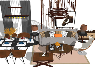 <em>北欧</em>客餐厅<em>沙发</em>组合和餐桌椅草图模型，<em>沙发</em>组合和餐桌...