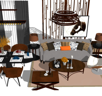 北欧客餐厅沙发组合和餐桌椅草图模型，沙发组合和餐桌椅草图模型sketchup下载