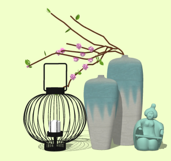 日式花瓶花卉摆件草图大师模型，花瓶花卉sketchup模型