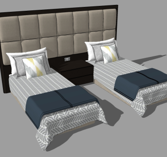 现代单人床组合草图大师模型，单人床sketchup模型