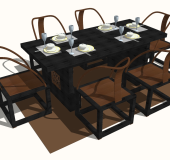 新中式餐桌椅草图大师模型，餐桌椅sketchup模型