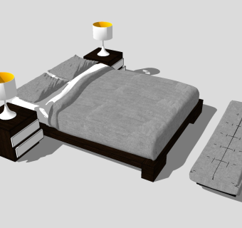 现代双人床草图大师模型，双人床sketchup模型