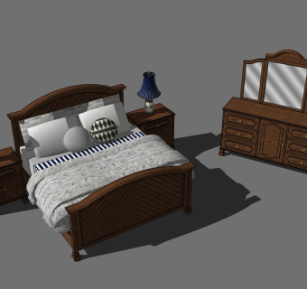 欧式双人床组合草图大师模型，双人床sketchup模型