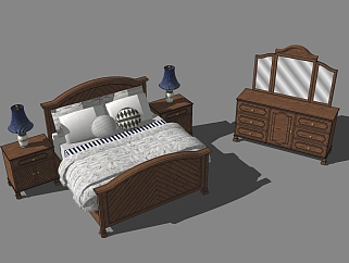 欧式双人<em>床组合</em>草图大师模型，双人床sketchup模型