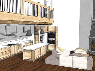 北欧客厅<em>厨房</em>草图大师模型，客厅sketchup模型