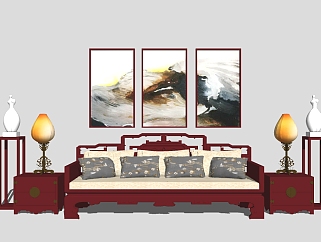 中式罗汉床组合草图大师模型，罗汉床sketchup模型