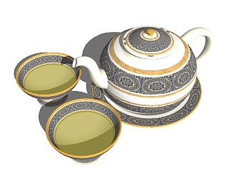 欧式茶壶茶杯草图大师模型，茶壶茶杯sketchup模型