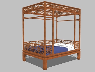 中式实木双人床草图大师模型，双人床sketchup模型