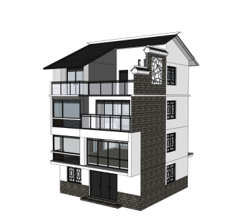 现代中式独栋别墅草图大师模型下载，独栋别墅sketchup模型