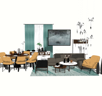 北欧客餐厅组合sketchup模型，客餐厅组合草图大师模型下载