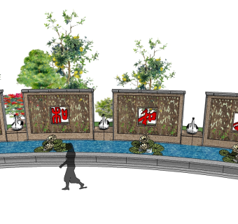 现代景观墙skp文件下载，景观墙SU模型