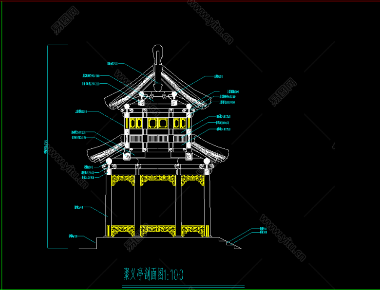 单围重檐八角亭cad施工图观景亭cad竣工图下载