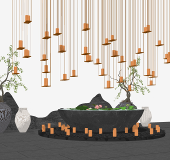 中式枯山水园艺小品草图大师模型，枯山水园艺小品sketchup模型下载