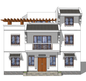 中式别墅外观草图大师模型，别墅外观sketchup模型免费下载