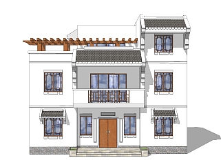 中式别墅外观草图大师模型，别墅外观sketchup模型免费下载