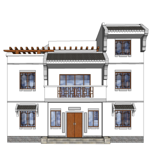 新中式别墅草图大师模型，别墅sketchup模型