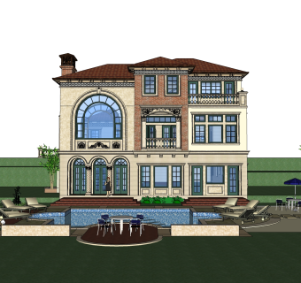 西班牙田园欧式别墅外观草图大师模型，SU模型免费下载