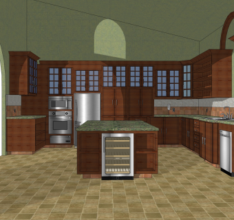 美式橱柜草图大师免费模型，岛型厨房柜sketchup模型下载