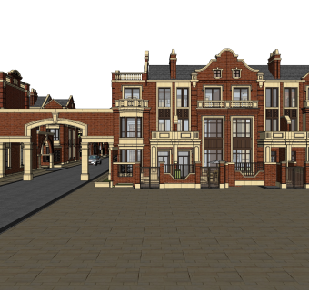 中式联排别墅草图大师模型，别墅sketchup模型下载