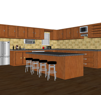 美式岛型橱柜sketchup模型，厨房柜草图大师模型下载