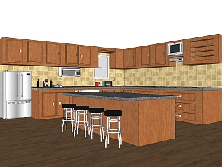 美式岛型橱柜sketchup模型，厨房柜草图大师模型下载