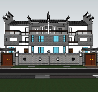 新中式连排别墅su模型免费下载，sketchup别墅草图大师模型