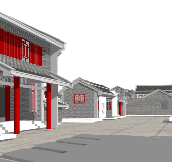 中式沿街商业建筑草图大师模型，沿街商业建筑sketchup模型免费下载