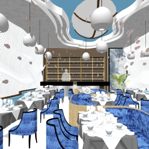 现代海洋主题餐厅草图大师模型，海洋主题餐厅sketchup模型下载