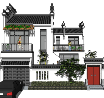 中式别墅四合院su模型下载、中式别墅四合院草图大师模型下载