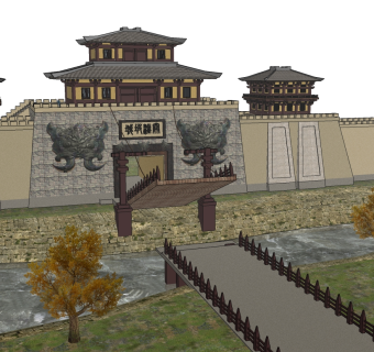 中式古城门草图大师模型下载、古城门su模型下载