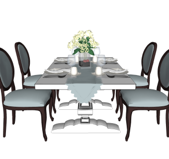 简欧餐桌椅su模型，家庭用餐桌长餐桌sketchup模型下载