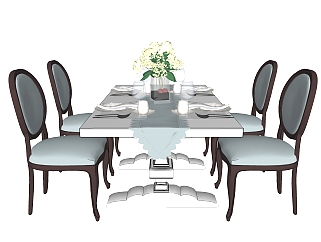简欧餐桌椅su模型，家庭用餐桌长餐桌sketchup模型下载
